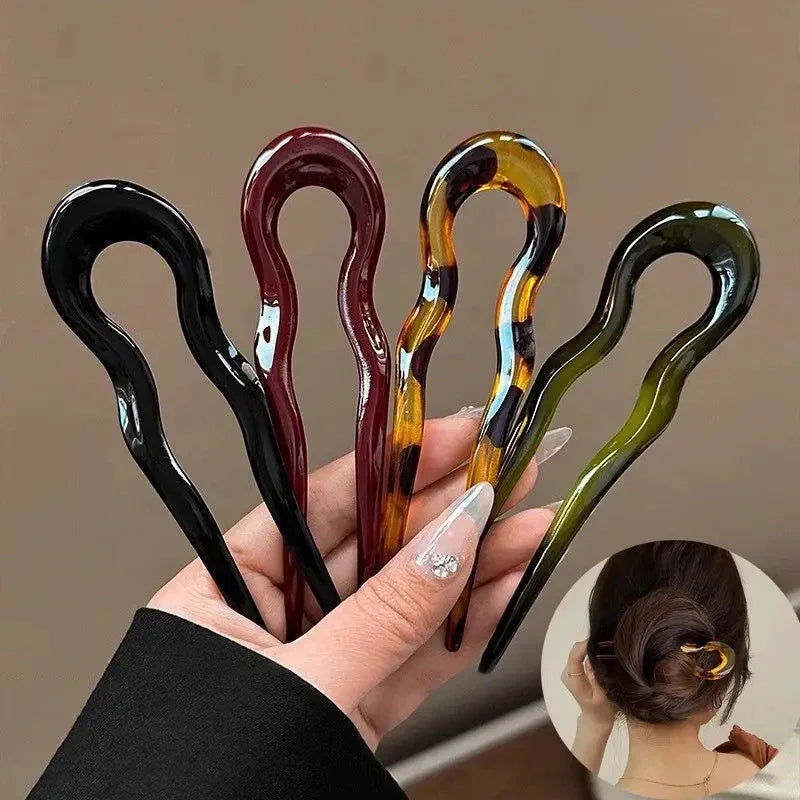 U-Shaped Hair Fork Vintage Tortoiseshell Acetate Acrylic Hairpin Geometric Design Headwear Hair Sticks Women Girls Accessories