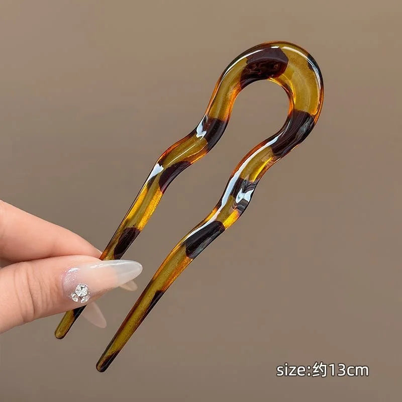 U-Shaped Hair Fork Vintage Tortoiseshell Acetate Acrylic Hairpin Geometric Design Headwear Hair Sticks Women Girls Accessories